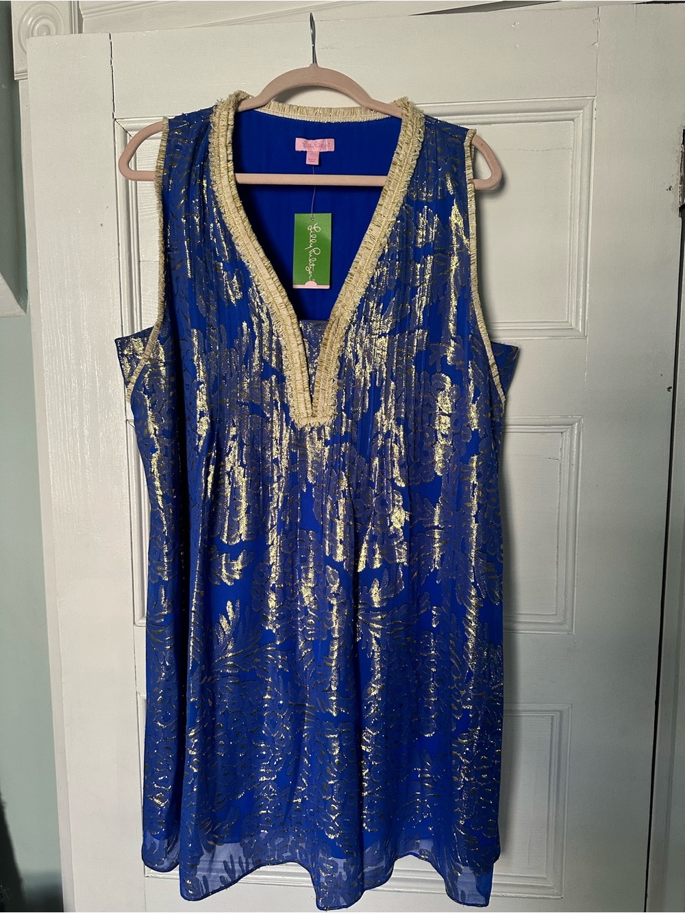 Lilly Pulitzer NWT Tanner Silk Dress Royal Blue Gold Metallic XL